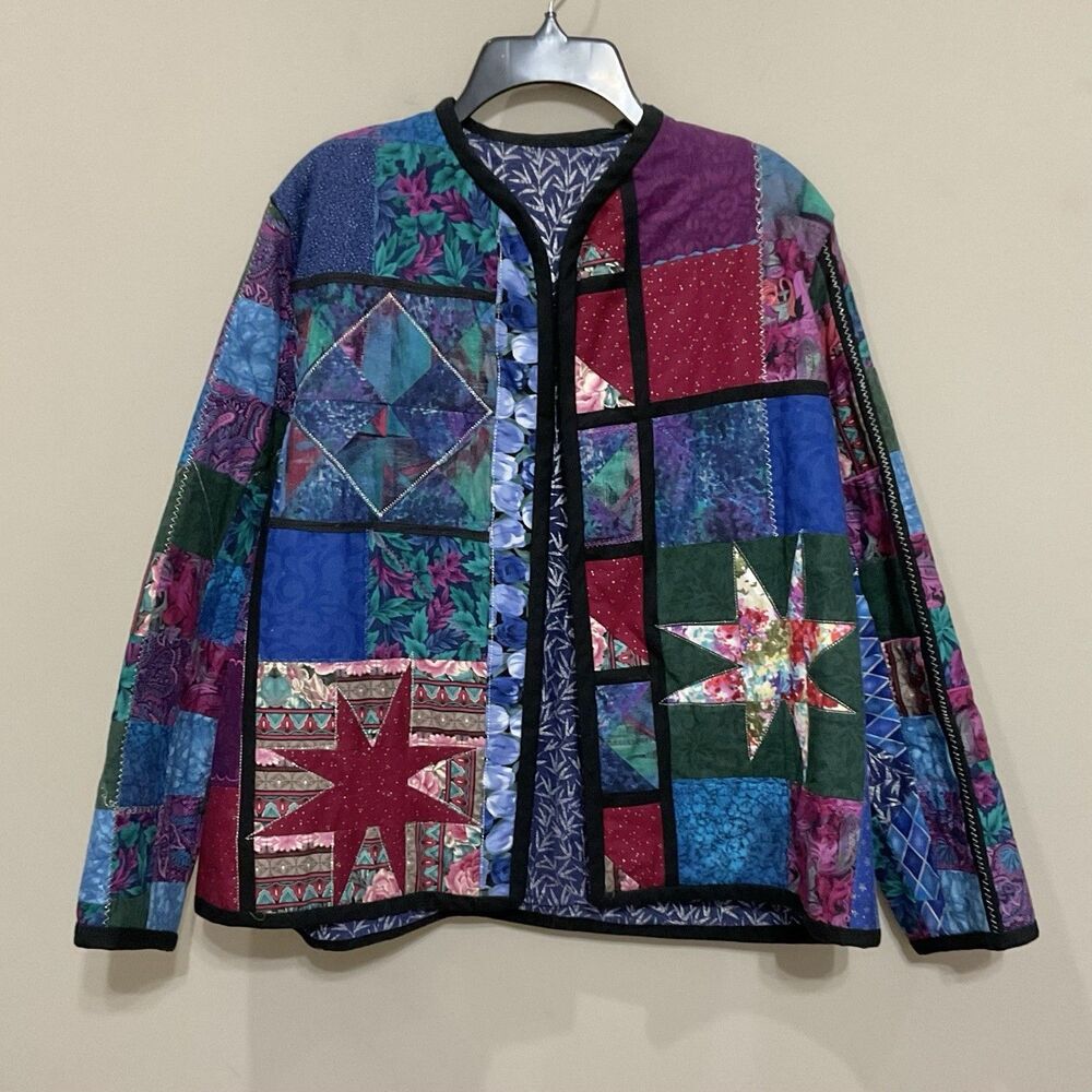 Handmade Patchwork Quilt Jacket Star Block Folk Art Quilted Coat Sz L/XL